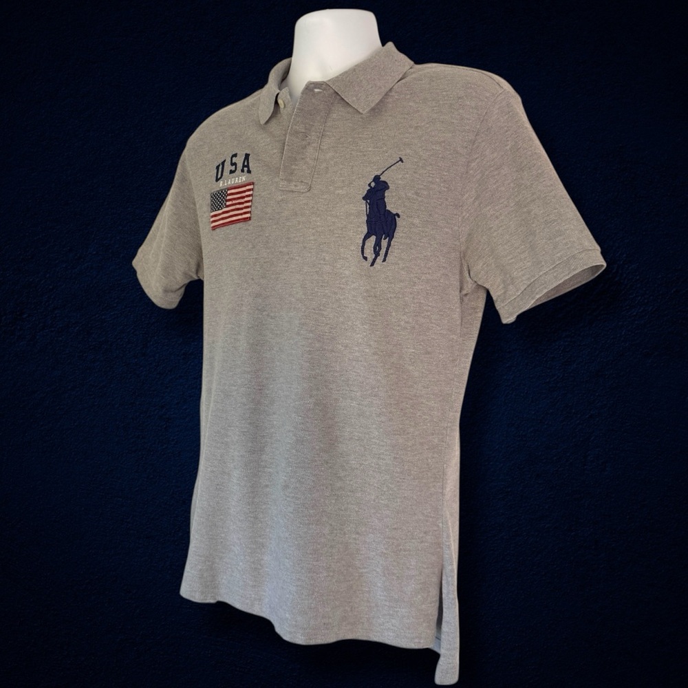 Polo Ralph Lauren USA Flag Polo Shirt XL Custom Fit Athletic V-Fit Gray - Picture 5 of 13
